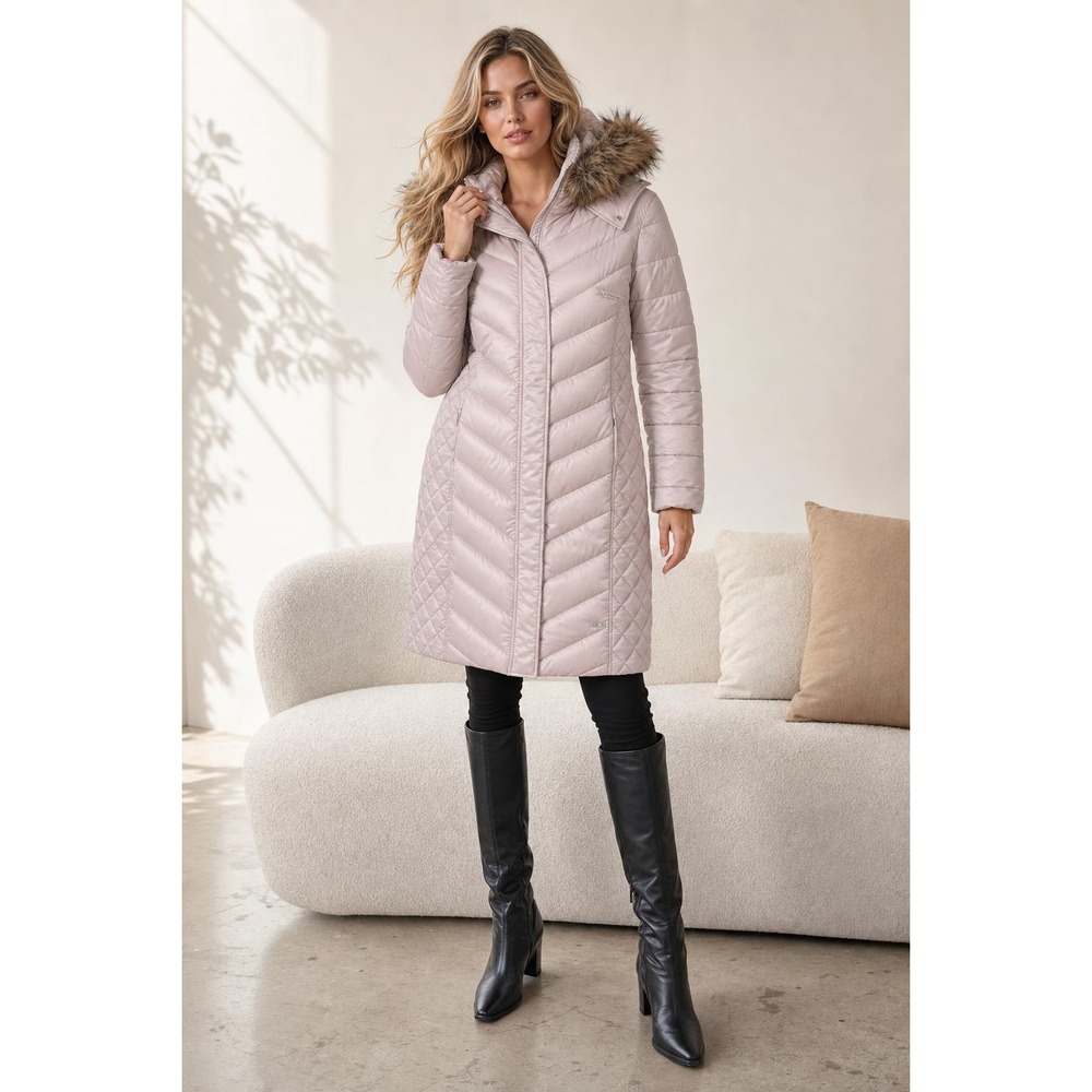 NEW Kenneth Cole Puffer Coat Women's XL Pink Faux Fur Hood Longline Winter Parka